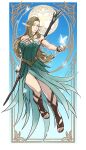  1girl absurdres armlet bare_shoulders blonde_hair bracelet breasts bug butterfly commentary crystal_earrings dinelind_(drill_(emilio)) dress drill_(emilio) earrings elf eyes_visible_through_hair forehead full_body green_dress green_eyes highres jewelry large_breasts long_hair looking_at_viewer original pointy_ears solo staff toeless_footwear 