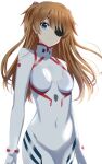  1girl blue_eyes bodysuit breasts breasts_apart brown_hair closed_mouth covered_navel cowboy_shot eyepatch floating_hair frown headgear highres lieass long_hair looking_at_viewer medium_breasts neon_genesis_evangelion plugsuit rebuild_of_evangelion shiny shiny_hair solo souryuu_asuka_langley standing white_bodysuit 