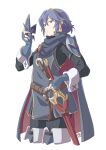  1girl alternate_hairstyle automatic_giraffe bangs blue_eyes blue_hair cape cowboy_shot english_commentary falchion_(fire_emblem) fingerless_gloves fire_emblem fire_emblem_awakening gloves hair_between_eyes holding holding_mask looking_at_viewer lucina_(fire_emblem) mask short_hair solo sword tiara weapon 