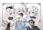 3girls :d bangs bare_shoulders blue_eyes border china_dress chinese_clothes chuiye_(450912738) dress flower hair_flower hair_ornament hand_fan highres holding holding_fan honkai_(series) honkai_impact_3rd looking_at_viewer multiple_girls multiple_persona open_mouth smile theresa_apocalypse theresa_apocalypse_(starlit_astrologos) v white_background white_flower white_hair zhuge_kongming_(honkai_impact) 