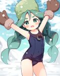1girl armpits arms_up bangs bare_shoulders black_swimsuit blue_sky blush_stickers braid brown_mittens clouds collarbone covered_navel day fur-trimmed_mittens fur_hat fur_trim green_eyes green_hair green_headwear hanamiya_natsuka hat leaning_to_the_side low_twintails mittens old_school_swimsuit one-piece_swimsuit open_mouth outdoors parted_bangs pokemon pokemon_(game) pokemon_legends:_arceus sabi_(pokemon) school_swimsuit short_eyebrows sky snow snowing solo swimsuit teeth thick_eyebrows twin_braids twintails upper_teeth