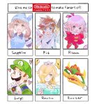 3boys 3girls aubz bangs blonde_hair blue_eyes bowser brown_hair character_name clenched_hand company_connection crown eyebrows_visible_through_hair fairy fairy_wings fang gloves green_headwear green_shirt hair_behind_ear hair_over_one_eye heart heart_hands highres holding holding_wand kid_icarus kid_icarus_uprising kirby kirby_(series) kirby_64 logo luigi luma_(mario) may_(pokemon) multiple_boys multiple_girls nintendo one_eye_covered open_mouth pit_(kid_icarus) pokemon pokemon_(game) pokemon_rse ribbon_(kirby) rosalina shirt six_fanarts_challenge smile super_mario_64 super_mario_bros. super_mario_galaxy v-shaped_eyebrows wand white_gloves wings 