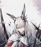  1girl animal_ears arknights asa_achen black_eyes coat ear_ornament expressionless frostnova_(arknights) grey_shirt hair_ornament hair_over_one_eye hairclip long_hair looking_at_viewer originium_(arknights) rabbit_ears sample_watermark scar scar_on_face scar_on_nose shirt solo upper_body white_background white_coat white_hair 