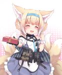  1girl :d ^_^ absurdres animal_ear_fluff animal_ears arknights bangs bare_shoulders black_gloves blonde_hair blue_hairband blue_skirt blush box braid breasts closed_eyes commentary english_commentary eyebrows_visible_through_hair facing_viewer fang fox_ears fox_girl fox_tail frilled_skirt frills gift gift_box gloves gradient gradient_background hair_rings hairband highres holding holding_gift kitsune luxuriou_s multicolored_hair pink_background pleated_skirt polka_dot polka_dot_background shirt single_glove skirt small_breasts smile solo striped suzuran_(arknights) tail twin_braids two-tone_hair valentine vertical_stripes white_background white_hair white_shirt wrist_cuffs 