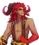  1boy artist_name bangs closed_mouth collarbone colored_skin dark-skinned_male dark_skin english_commentary horns league_of_legends long_hair looking_at_viewer male_focus ornn personification red_eyes red_skin redhead shiny shiny_hair simple_background smile solo upper_body vmat white_background 