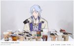  1boy blue_eyes blue_hair bubble_tea derivative_work drinking_straw fake_screenshot food fruit genshin_impact hair_intakes japanese_clothes kamisato_ayato lemon lemon_slice parody twosetviolin upper_body velocesmells 