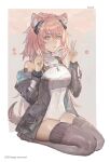  1girl 2020 animal_ears arknights armor barcode barcode_tattoo bare_shoulders bingansuan_jiamouren black_jacket black_legwear character_name chinese_commentary commentary_request earpiece full_body gravel_(arknights) hair_between_eyes hands_up happy_new_year highres jacket lips looking_at_viewer medium_hair mouse_ears mouse_girl mouse_tail off_shoulder open_clothes open_jacket pantyhose pink_eyes pink_hair seiza sitting solo tail tattoo v white_background 