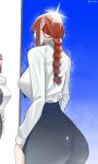  1girl absurdres ass black_necktie black_pants braid braided_ponytail chainsaw_man collared_shirt formal highres long_hair long_sleeves makima_(chainsaw_man) mirror necktie pants redhead shiny shiny_hair shirt simple_background solo suit unluckytobii white_shirt 