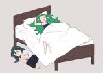  2girls bed bed_sheet byleth_(fire_emblem) byleth_eisner_(female) closed_eyes fire_emblem fire_emblem:_three_houses full_body green_hair messy_sleeper multiple_girls pillow pointy_ears sakuremi shirt simple_background sleeping sothis_(fire_emblem) white_shirt yawning 
