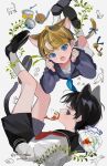  2boys animal animal_ears black_hair cat cat_boy cat_day cat_ears cat_tail commentary_request eating fish fishbowl food food_in_mouth goldfish highres holding kemonomimi_mode looking_at_viewer male_focus mouth_hold multiple_boys original ponn_mame shorts tail water 