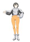  1girl ass_visible_through_thighs automatic_giraffe bangs black_eyes black_hair bodysuit boots closed_mouth covered_navel english_commentary full_body hand_on_hip jacket light_smile long_sleeves looking_at_viewer orange_bodysuit original short_hair simple_background smile solo standing white_background 