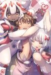 1boy 2girls animal_ears bandam colored_skin dark-skinned_female dark_skin extra_arms faputa furry highres made_in_abyss mechanical_arms monster_girl multiple_girls nanachi_(made_in_abyss) open_mouth regu_(made_in_abyss) short_hair valentine white_fur white_hair yellow_eyes 