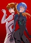  2girls arms_at_sides artist_name ayanami_rei back-to-back blue_eyes breasts brown_hair cowboy_shot evangelion:_3.0+1.0_thrice_upon_a_time glaring highres interface_headset long_hair looking_at_viewer multiple_girls neon_genesis_evangelion plugsuit rebuild_of_evangelion red_background red_eyes ryness shaded_face short_hair small_breasts souryuu_asuka_langley thighs tight 