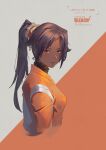  1girl absurdres artist_name bleach breasts changpan_w copyright_name dark-skinned_female dark_skin dated from_side grey_background hair_ornament hair_scrunchie high_ponytail highres long_hair looking_at_viewer medium_breasts orange_background orange_eyes orange_sweater purple_hair scrunchie shihouin_yoruichi solo sweater two-tone_background upper_body 