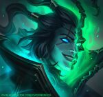  1boy artist_name bangs black_hair blue_eyes colored_skin ghost glowing green_eyes green_skin grey_background grin hair_ornament highres joaowbenfica league_of_legends long_hair male_focus portrait smile solo teeth thresh_(league_of_legends) unbound_thresh web_address 
