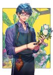  1boy apron black_hair blue_eyes bouquet bracelet collared_shirt commission flower glasses highres holding holding_flower jewelry male_focus okada_(hoooojicha) original outside_border pen shirt skeb_commission sleeves_rolled_up smile solo tsurime watch 