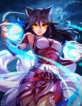  1girl ahri_(league_of_legends) animal_ears bangs bare_shoulders belt black_belt breasts commentary dated detached_sleeves facial_mark fox_ears fox_tail grin korean_clothes large_breasts league_of_legends long_hair looking_at_viewer magic moon multiple_tails night outdoors red_belt smile solo tail teeth vastaya vmat whisker_markings 