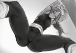  1girl arms_up bleach breasts closed_mouth commentary_request dark-skinned_female dark_skin greyscale highres kuma_(jk0073) large_breasts long_hair looking_at_viewer monochrome ponytail sash shihouin_yoruichi smile solo stretch 