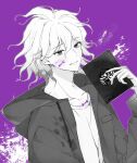  1boy bangs book danganronpa_(series) danganronpa_2:_goodbye_despair hair_between_eyes highres holding holding_book hood hooded_jacket imaeng jacket komaeda_nagito limited_palette looking_at_viewer male_focus messy_hair open_clothes open_jacket purple_background shirt solo white_hair white_shirt 