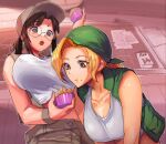  2girls bandana baseball_cap blonde_hair breasts brown_eyes brown_hair brown_headwear brown_shorts brown_vest calendar_(object) collarbone cupcake dessert eating fio_germi food glasses green_bandana green_vest hat holding holding_food indoors kasamoto_eri large_breasts madsensei metal_slug multiple_girls open_clothes open_mouth open_vest round_eyewear short_hair shorts tank_top valentine vest white_tank_top yellow_eyes 