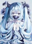  00nanona 1girl absurdres aqua_hair blue_flower blue_jacket flower hatsune_miku highres holding holding_hair horns jacket long_hair looking_at_viewer mask mouth_mask patch shirt solo tearing_up twintails very_long_hair vocaloid white_shirt 
