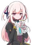  1girl alien clorica_(rune_factory) clorica_(rune_factory)_(cosplay) commission cosplay cup frilled_shirt frills hair_ribbon highres holding holding_cup holding_saucer hoshifuri_iku itsuc_24 juliet_sleeves long_hair long_sleeves pink_hair prism_project puffy_sleeves ribbon rune_factory rune_factory_4 saucer shirt skeb_commission solo teacup two_side_up violet_eyes virtual_youtuber 