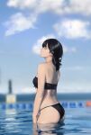 1girl ass back bare_shoulders bikini black_bikini black_hair blue_sky blurry blurry_background breasts closed_eyes closed_mouth clouds commentary day from_side highres hiki_niito long_hair medium_breasts original outdoors photo-referenced pool profile sky solo strapless strapless_bikini swimsuit wading water 