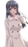  1girl :d bangs black_hair blush character_request coat eyebrows_visible_through_hair floating_hair fur-trimmed_coat fur-trimmed_sleeves fur_trim grey_eyes hand_in_hair highres lieass long_hair long_sleeves open_mouth shiny shiny_hair simple_background smile solo standing white_background white_coat winter_clothes winter_coat 