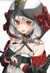  1girl absurdres bare_shoulders black_gloves blush bow collar crying crying_with_eyes_open fingerless_gloves gloves grey_hair hair_ornament highres hololive hood hood_up looking_at_viewer monosucre nail_polish orca_hood plaid plaid_bow red_eyes red_nails sakamata_chloe solo tears tongue tongue_out upper_body virtual_youtuber x_hair_ornament 