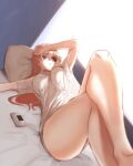  1girl absurdres alternate_costume arm_at_side arm_on_head armpits blue_eyes breasts brown_hair crossed_legs eyepatch hair_between_eyes handheld_game_console highres long_hair lying medium_breasts neon_genesis_evangelion no_pants on_back on_bed pillow rebuild_of_evangelion saixillust shirt solo souryuu_asuka_langley thighs white_shirt 