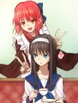  2girls ? apron black_hair blue_bow blue_eyes blue_neckerchief blue_sailor_collar bow brown_kimono collarbone commentary_request cup double_v eyebrows_visible_through_hair frilled_apron frills hair_bow hairband half_updo holding holding_cup japanese_clothes kimono kohaku_(tsukihime) long_hair long_sleeves looking_at_another looking_at_viewer maid_apron mixed-language_commentary multiple_girls neckerchief open_mouth redhead sailor_collar school_uniform serafuku shinobu1132 shirt short_hair sitting smile speech_bubble teacup tohno_akiha tsukihime uniform upper_body v wa_maid white_apron white_hairband white_shirt wide_sleeves yellow_eyes 