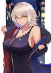  1girl absurdres ahoge azibiraki_yuhiro bangs bare_shoulders black_dress blue_coat breasts chain_necklace closed_mouth coat commentary dress fate/grand_order fate_(series) full-length_zipper fur-trimmed_coat fur_trim hair_between_eyes highres jeanne_d&#039;arc_(alter)_(fate) jeanne_d&#039;arc_(fate) jewelry large_breasts lips looking_at_viewer necklace official_alternate_costume pink_lips removing_coat short_hair sideboob silver_hair sleeveless sleeveless_dress smile solo wicked_dragon_witch_ver._shinjuku_1999 yellow_eyes zipper 