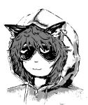  1girl :3 animal_ears cat_ears chen closed_mouth cosplay cropped_torso earrings glasses greyscale hood hoodie jewelry meme monochrome real_life scuffed_(edgymuhgee) short_hair simple_background single_earring solo sunglasses sweatshirt ted_kaczynski ted_kaczynski_(cosplay) touhou unabomber upper_body 
