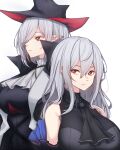  2girls arknights ascot bangs bare_shoulders black_ascot black_headwear breasts commentary_request gladiia_(arknights) hair_between_eyes hair_over_one_eye high_collar highres large_breasts long_hair multiple_girls no_hat no_headwear pointy_ears red_eyes rikuguma short_hair silver_hair simple_background skadi_(arknights) upper_body white_background 