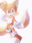  1boy animal_nose blue_eyes closed_mouth fox_boy furry furry_male gloves highres looking_at_viewer male_focus misuta710 multiple_tails shoes simple_background smile solo sonic_(series) tail tails_(sonic) two_tails white_background white_gloves 