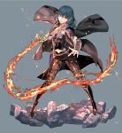  1girl armor bangs black_coat black_shorts blue_eyes blue_hair breasts bustier byleth_(fire_emblem) byleth_eisner_(female) cape closed_mouth coat dagger fire fire_emblem fire_emblem:_three_houses full_body holding holding_sword holding_weapon knife kurahana_chinatsu looking_at_viewer medium_hair navel official_art pantyhose shorts solo sword sword_of_the_creator weapon whip whip_sword 