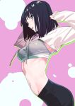  1girl black_hair blue_eyes breasts henken highres medium_breasts medium_hair midriff nail_polish navel navel_piercing original piercing shrug_(clothing) solo sports_bra standing stomach 