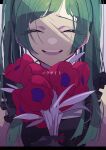  1girl absurdres bangs closed_eyes commentary_request flower gradient gradient_background green_hair hatsune_miku highres holding holding_flower long_hair looking_at_viewer nekoma_hikaru open_mouth red_flower sidelocks simple_background smile solo tearing_up teeth translation_request twintails upper_body upper_teeth vocaloid 