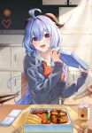  1girl ahoge bento blue_hair bow chalkboard chopsticks classroom eyebrows_visible_through_hair food ganyu_(genshin_impact) genshin_impact heart highres long_hair long_sleeves looking_at_viewer open_mouth red_bow sitting smile solo violet_eyes 