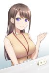  1girl bangs bare_arms bare_shoulders blush breasts brown_hair desk eyebrows_visible_through_hair gradient gradient_background hair_behind_ear hand_up highres id_card lanyard large_breasts long_hair looking_at_viewer mibushiro name_tag open_hand original parted_bangs ribbed_sweater sidelocks sleeveless sleeveless_sweater smile solo sweater upper_body violet_eyes yellow_sweater 