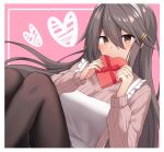  1girl akahi242 alternate_costume apron black_hair black_legwear box brown_eyes commentary_request grey_sweater hair_ornament hairband hairclip haruna_(kancolle) heart holding jewelry kantai_collection long_hair looking_at_viewer pantyhose pink_background ribbed_sweater ring solo sweater wedding_band white_apron white_hairband 