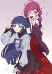  2girls :p blue_eyes blue_hair chocolate chun_meiyui dress food glasses hair_bun highres holding holding_chocolate holding_food jacket long_hair long_sleeves magia_record:_mahou_shoujo_madoka_magica_gaiden mahou_shoujo_madoka_magica multiple_girls official_alternate_costume pink_eyes pink_hair smile tokiwa_nanaka tongue tongue_out yukishiro_(hitsuji) 