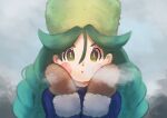 1girl bangs blue_jacket blurry blush_stickers breath bright_pupils brown_mittens cold commentary_request day doro_(zibaziba_6) eyelashes fog fur-trimmed_jacket fur_hat fur_trim green_eyes green_hair green_headwear hair_between_eyes hat jacket long_hair long_sleeves looking_at_viewer outdoors pokemon pokemon_(game) pokemon_legends:_arceus sabi_(pokemon) solo twin_braids twintails upper_body
