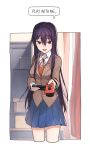  1girl absurdres breasts carol.j.jamison doki_doki_literature_club hair_ornament highres long_hair nintendo_switch purple_hair solo yuri_(doki_doki_literature_club) 