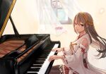  1girl bangs brown_eyes brown_hair brown_legwear curtains detached_sleeves hair_between_eyes hair_ornament hairclip haruna_(kancolle) headgear instrument kantai_collection long_hair looking_back music nontraditional_miko petals piano piano_keys playing_instrument playing_piano signature thigh-highs wind window wss_(nicoseiga19993411) 