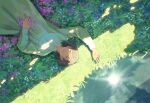  1girl brown_hair character_request closed_mouth commentary_request dappled_sunlight dress flower grass green_eyes highres hiko_(scape) leaf long_hair lying meadow on_back original petals sunlight white_dress 