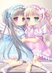 2girls angel_wings blue_dress blue_eyes brown_hair child couch doll doll_joints dress expressionless face-to-face hairband highres hiiragi_pino hug joints kneeling lolita_fashion lolita_hairband long_hair looking_at_viewer multiple_girls original pink_dress red_eyes ribbon short_dress short_sleeves sitting socks twintails very_long_hair white_footwear wings 