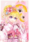  1girl back_bow blonde_hair border bow closed_mouth cure_miracle eyelashes floral_print flower hair_bow hair_flower hair_ornament hairband highres japanese_clothes kimono long_hair long_sleeves looking_at_viewer mahou_girls_precure! manekineko5319 obi outline pink_bow pink_flower pink_hairband precure print_kimono purple_bow sash signature sketch smile solo tied_hair upper_body violet_eyes white_border white_kimono wide_sleeves yukata 