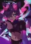  1boy abs animal_ears black_hair blue_eyes colored_tips dark_skin demon_horns demon_tail demon_wings horns indie_virtual_youtuber looking_at_viewer male_focus multicolored_hair multiple_wings muscular nail_polish paimon_(vtuber) pink_hair sa9no scar short_shorts shorts solo tail tattoo tongue tongue_out virtual_youtuber wings 