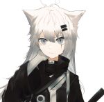  1girl :3 antenna_hair arknights black_jacket blue_eyes grey_hair hair_ornament hairclip hand_on_own_face hand_up highres jacket lappland_(arknights) long_hair long_sleeves looking_at_viewer messy_hair runamonet scar scar_across_eye simple_background slit_pupils solo upper_body white_background wide_sleeves 